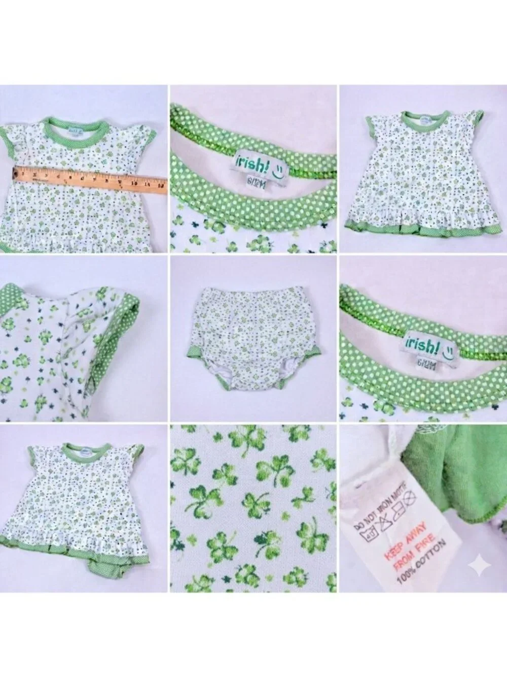 Vintage Girls 4 Leaf Clover St Patty's Day Dress + Bloomers Set Outfit 6m - 12m